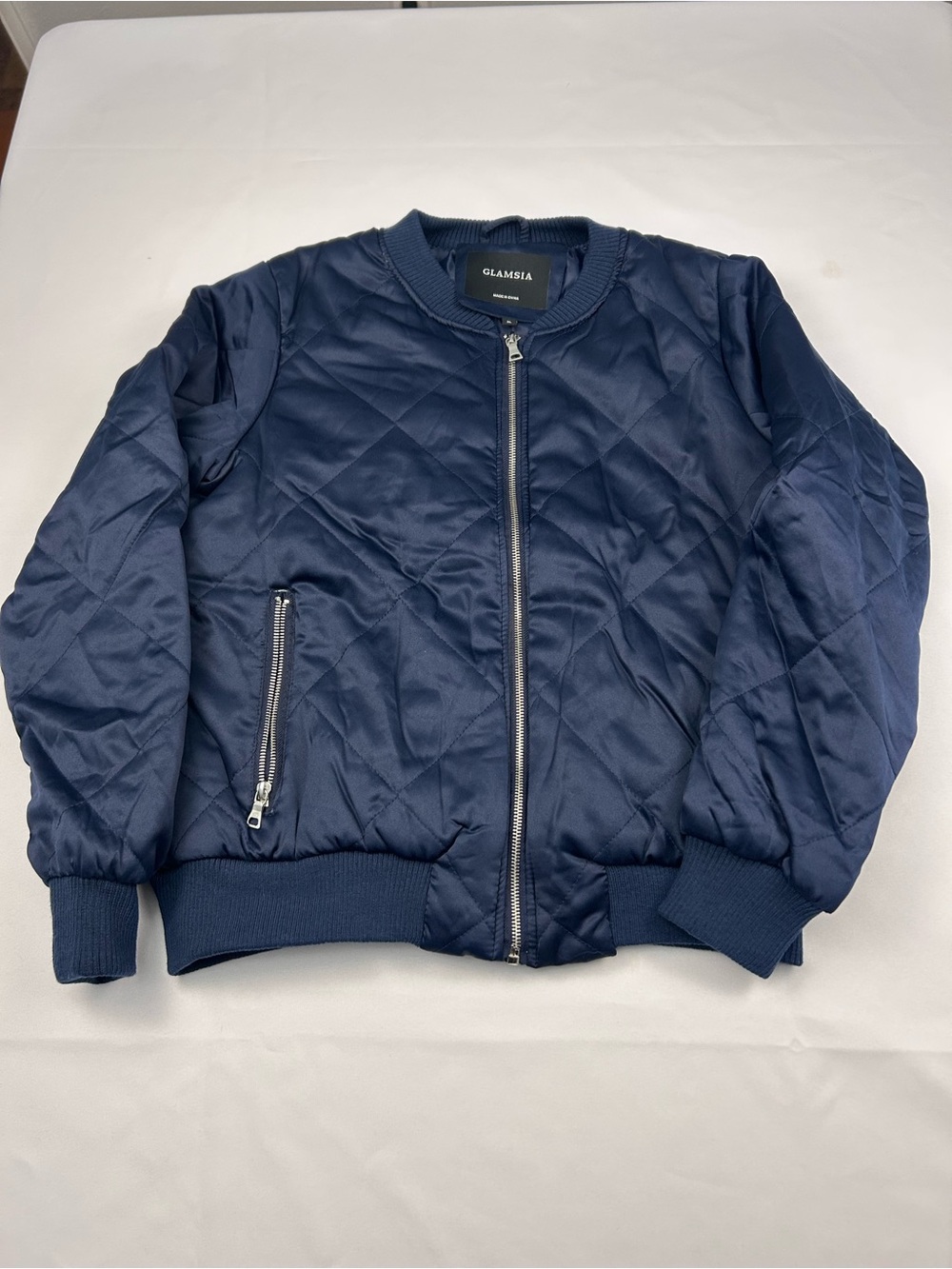glam Quilted Bomber Jacket - Navy Blue